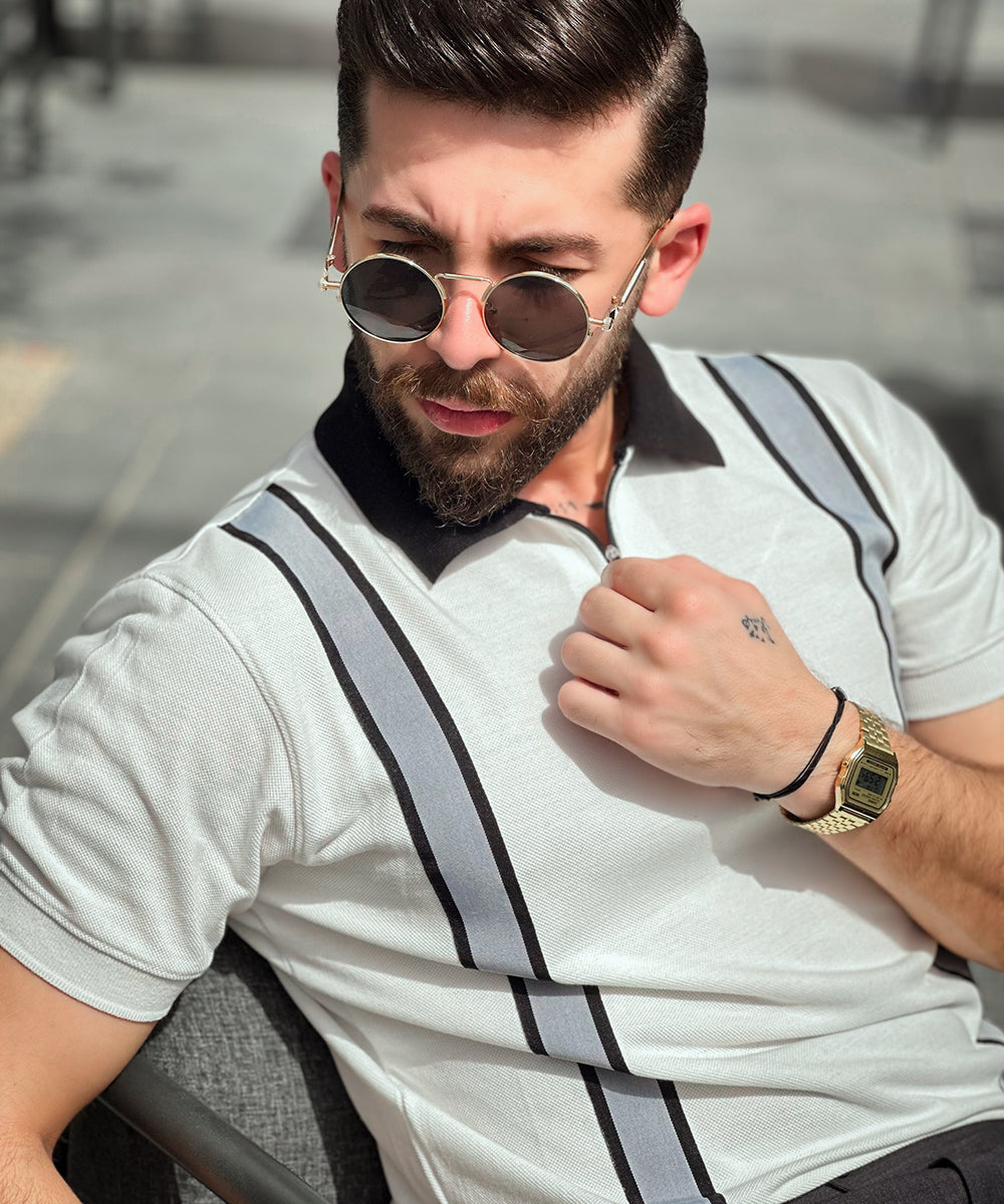 Timeless Fusion Zaavs Men White Zipper Polo with Grey Striped Twill Tape