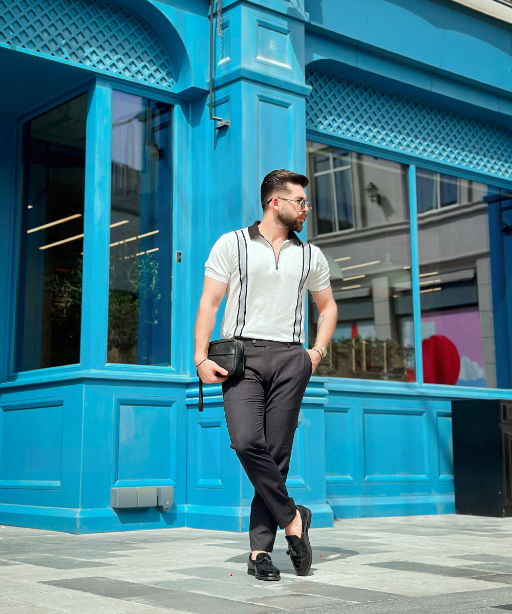 Timeless Fusion Zaavs Men White Zipper Polo with Grey Striped Twill Tape
