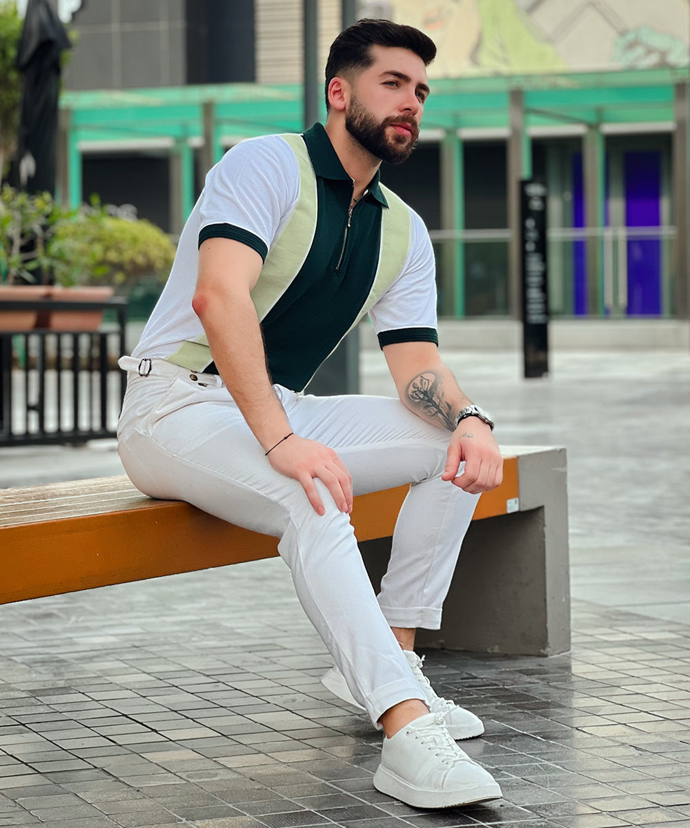 Fresh Mint Men White and Green Zipper Polo