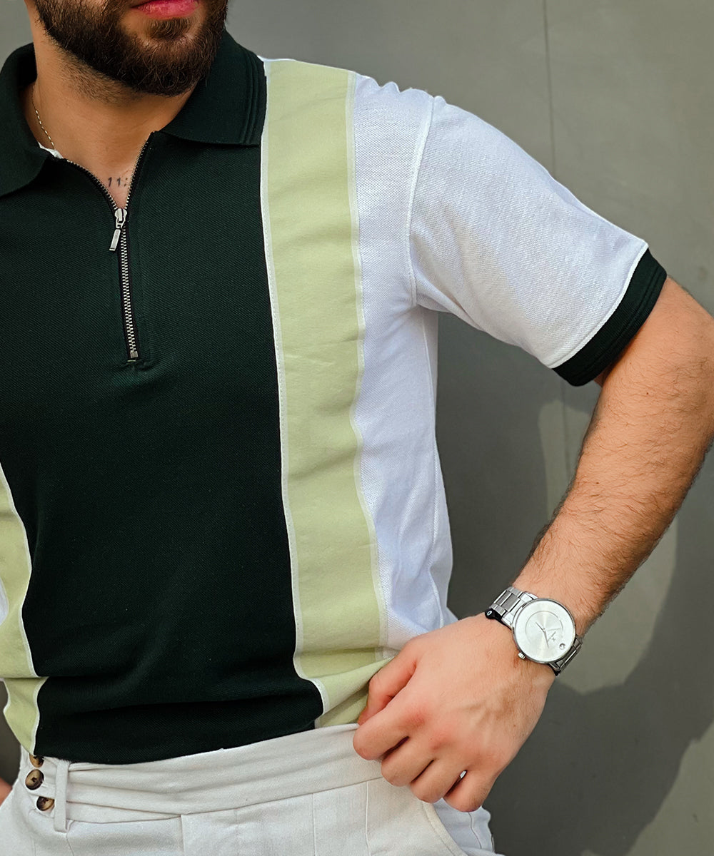 Fresh Mint Men White and Green Zipper Polo