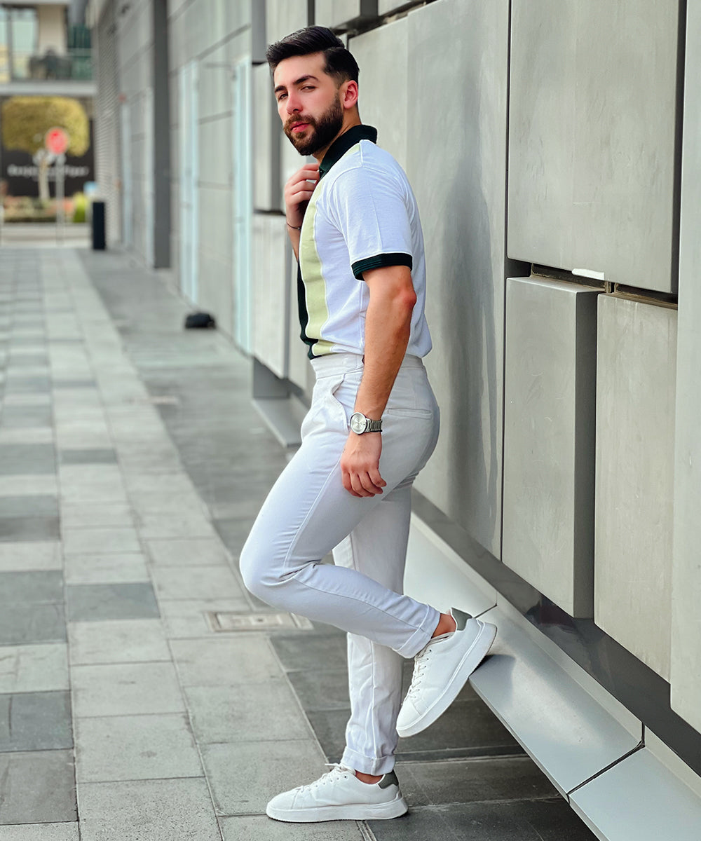 Fresh Mint Men White and Green Zipper Polo