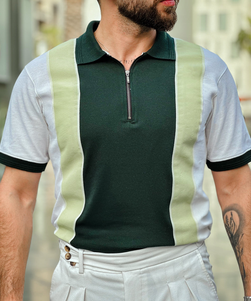 Fresh Mint Men White and Green Zipper Polo