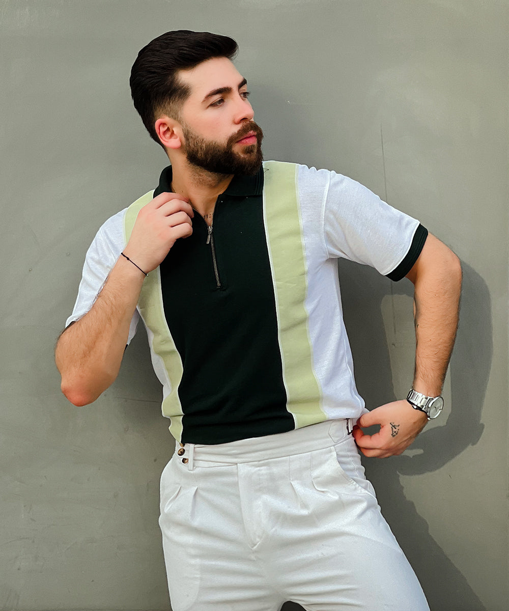 Fresh Mint Men White and Green Zipper Polo