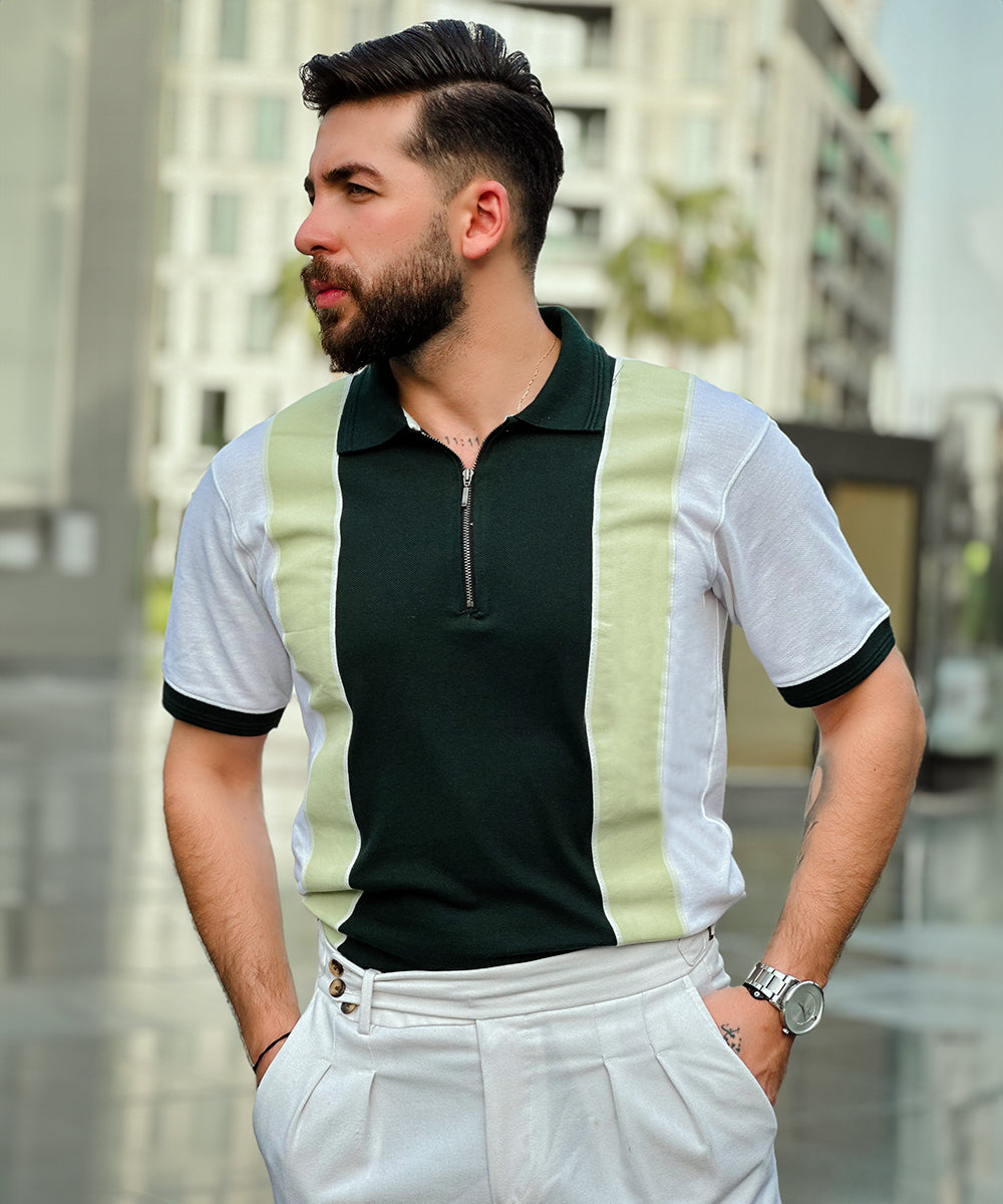 Fresh Mint Men White and Green Zipper Polo