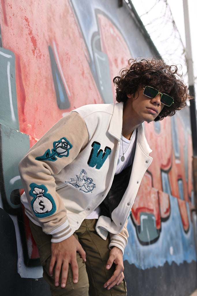 Zaavs Vintage Varsity: Off-White & Beige Unisex Varsity Jacket