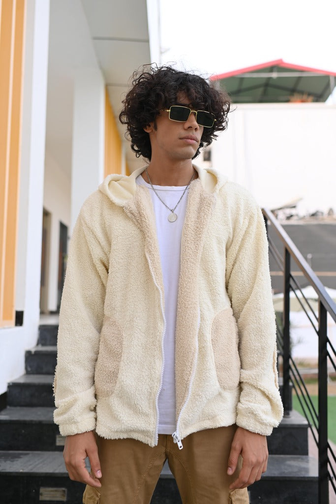 Zaavs Men Arctic Ivory Sherpa Zipper Hoodie