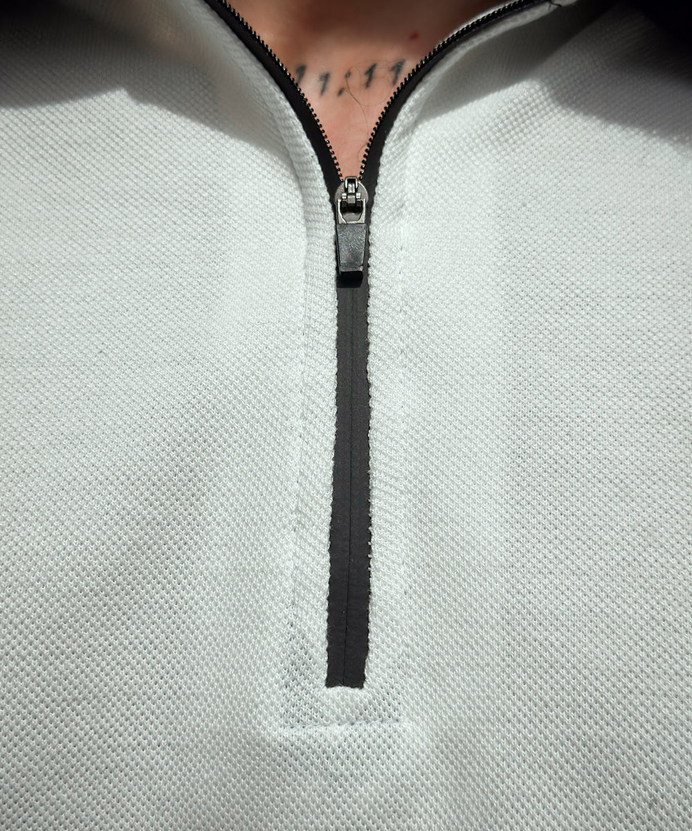 Timeless Fusion Zaavs Men White Zipper Polo with Grey Striped Twill Tape