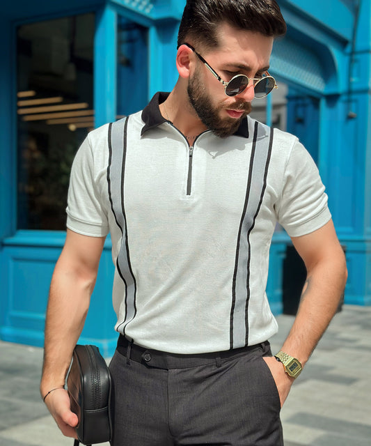 Timeless Fusion Zaavs Men White Zipper Polo with Grey Striped Twill Tape